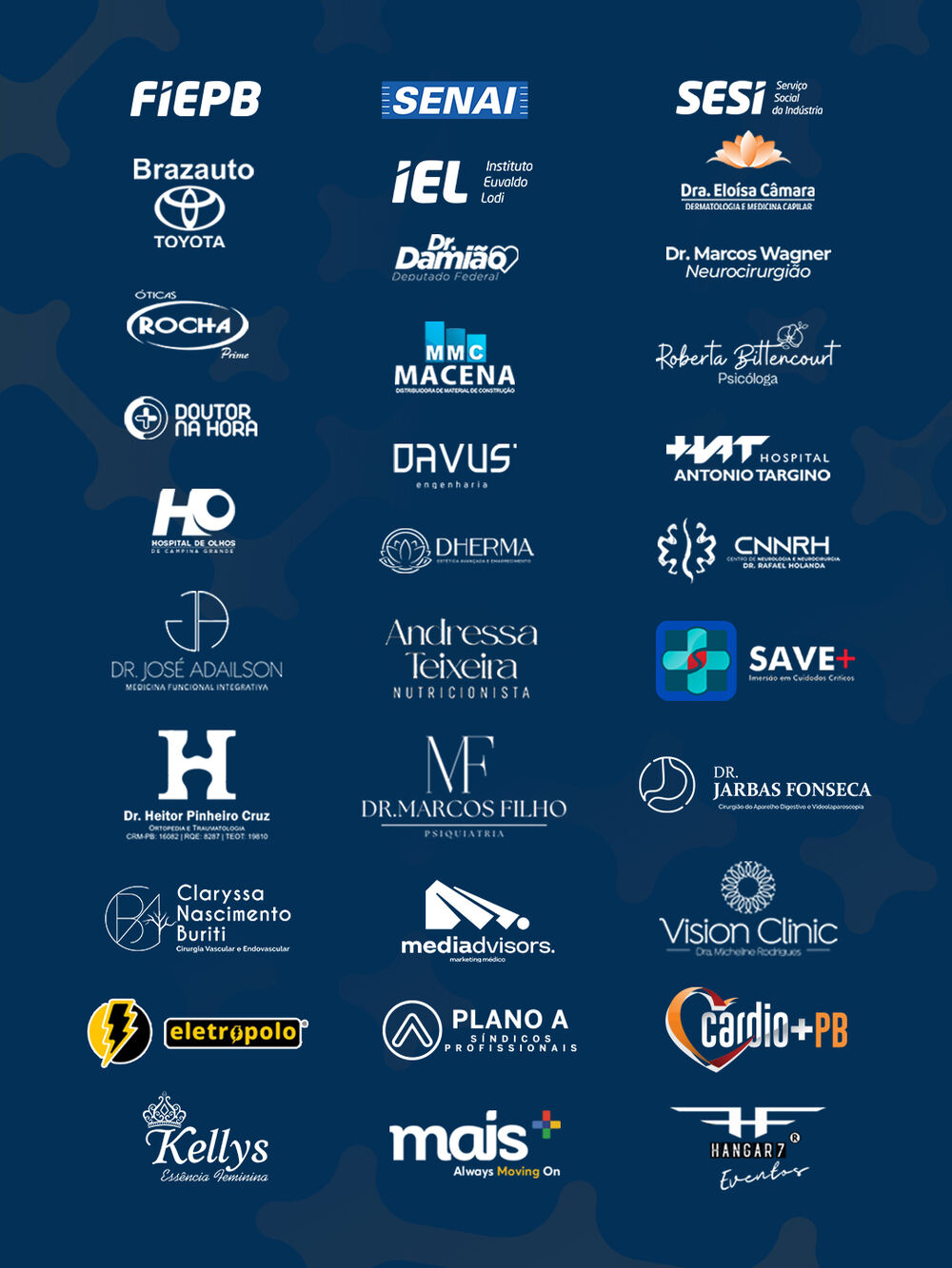 Logos de clientes atendidos: FIEPB, SENAI, SESI, Toyota, Hospital de Olhos, Vision Clinic, entre outras marcas e profissionais de referência