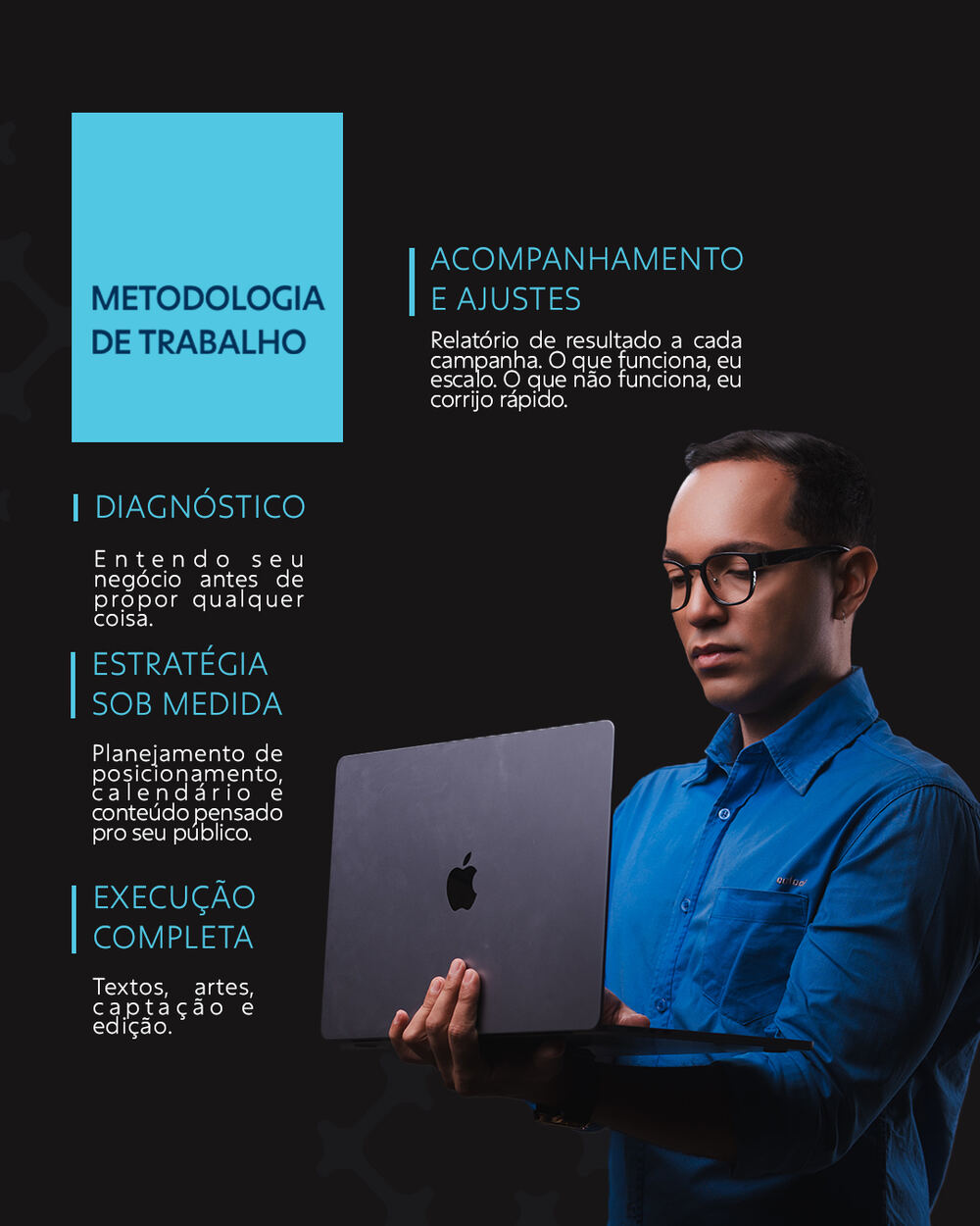 Metodologia de trabalho: diagnóstico, estratégia sob medida, execução completa e acompanhamento com ajustes contínuos
